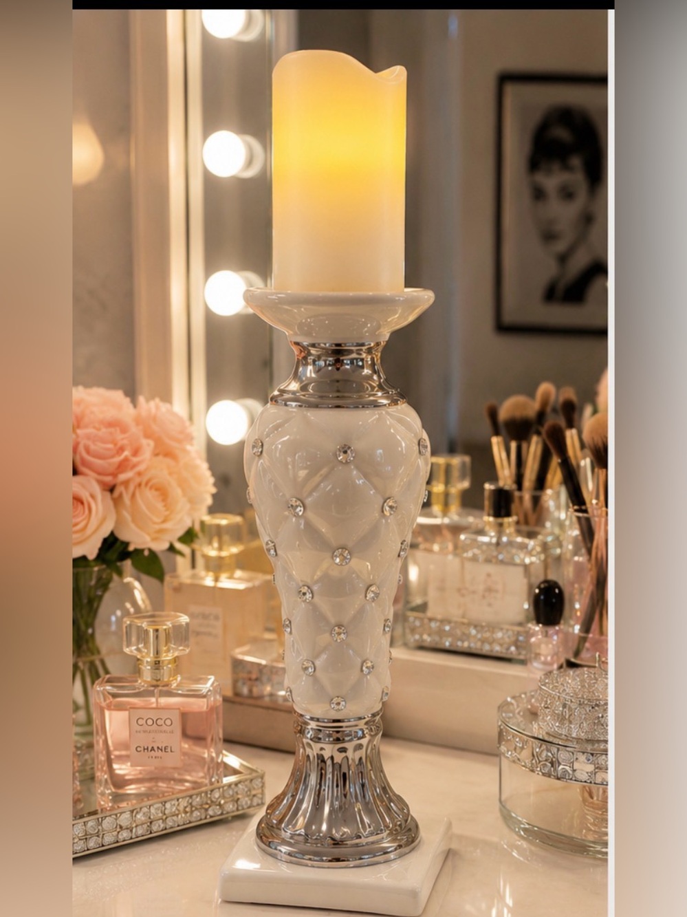 Glam White & Silver Rhinestone Pillar Candle Holder with 5” LED Candle Set